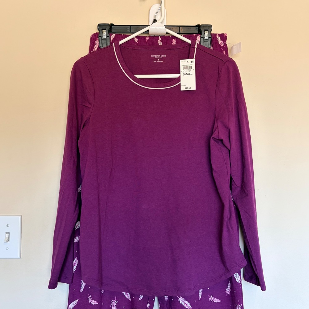 Charter Club Intimates Feathers Plum 2pc Pajama PJ Sleep Set Cozy Small NEW NWT - Picture 2 of 8